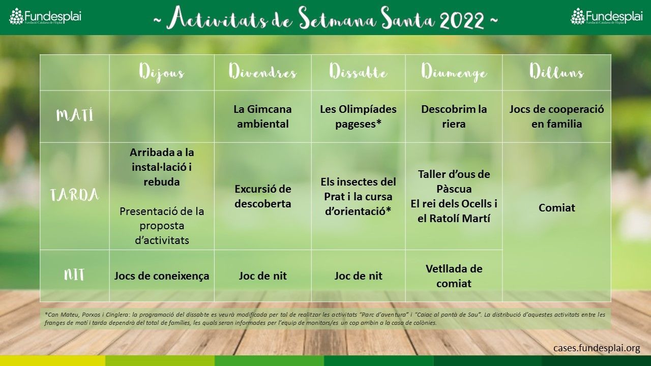 22 - Programa d'activitats Setmana Santa - Cases de colònies