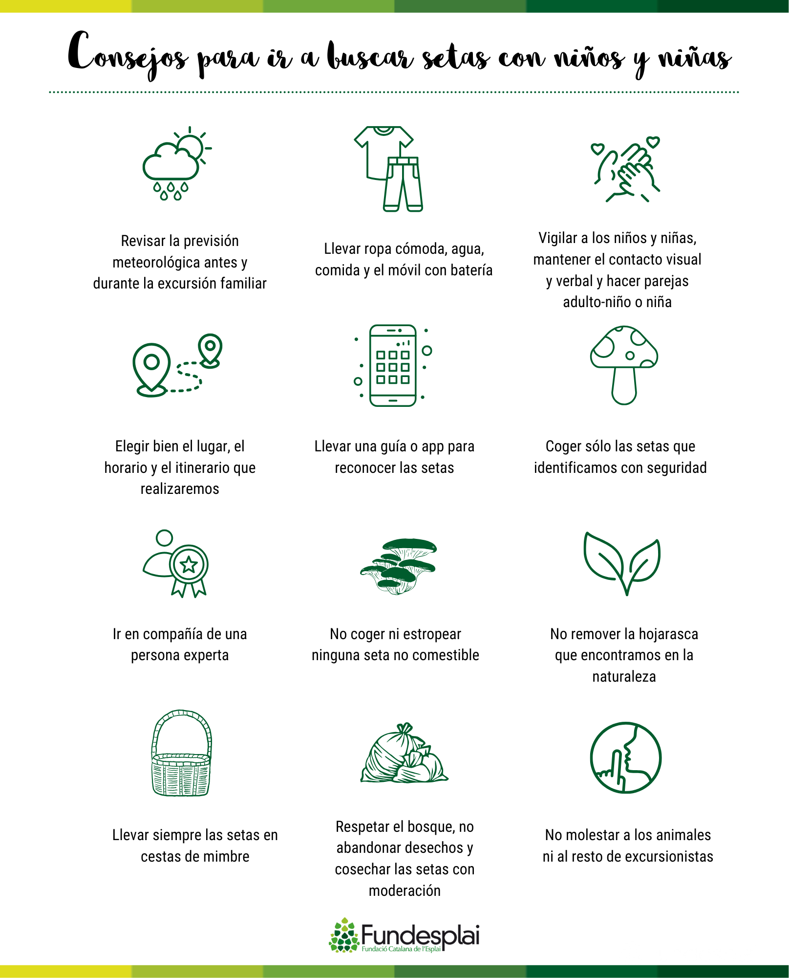 Infografia de consells per anar a buscar bolets amb nens i nenes en castellà