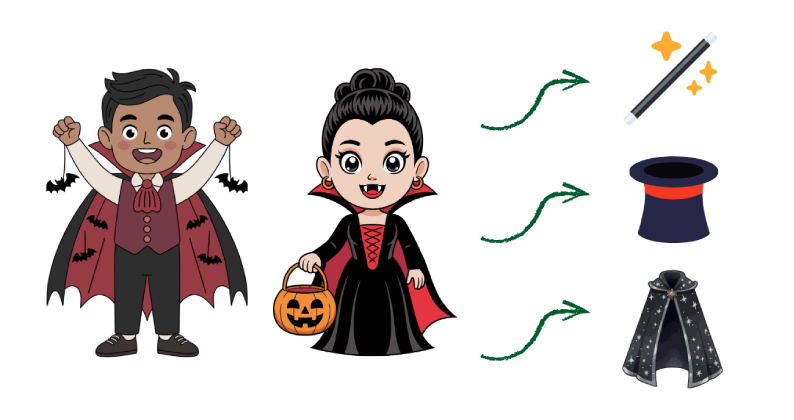 Transformación de un disfraz de vampiro o vampira en uno mago o maga por carnaval